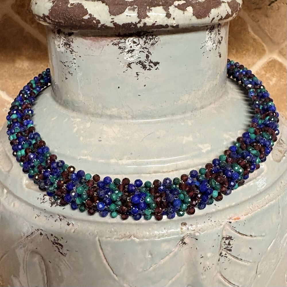 NWT Jay King Woven Necklace Sterling Silver w/ Lapis, Malachite & Garnet Beads